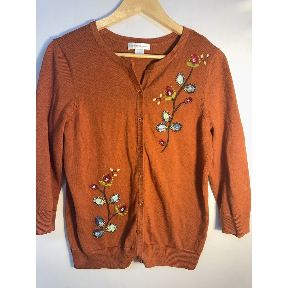 Christopher Banks Floral Cardigan M Rust CottageCore Embroidered Sweater
